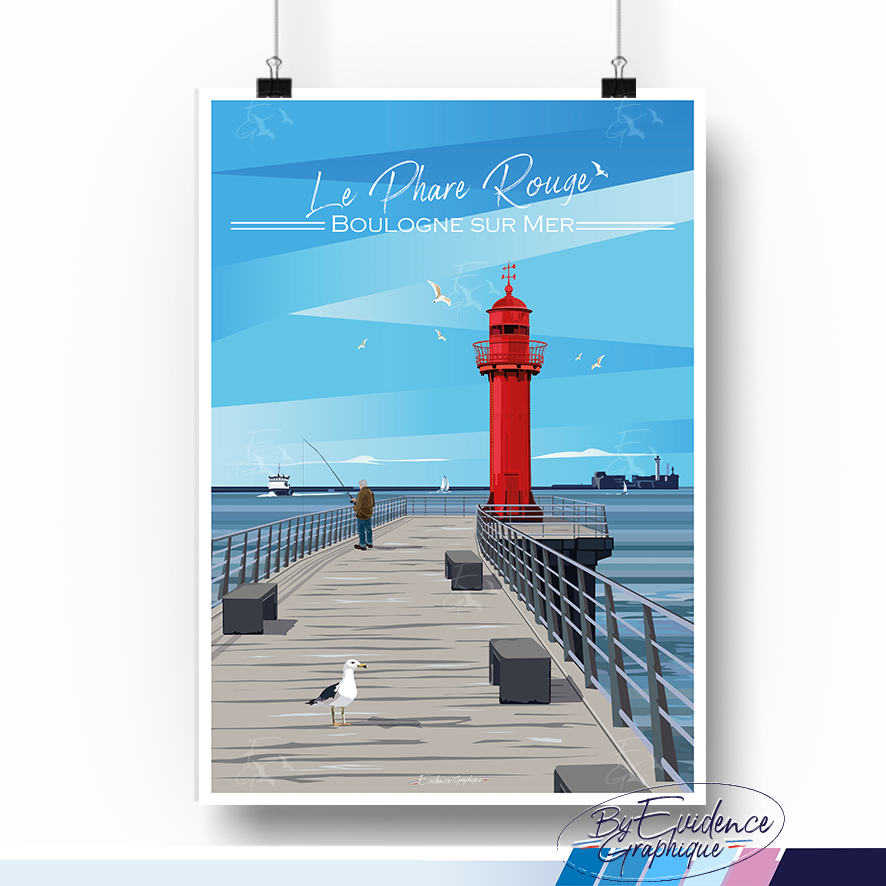 Phare rouge - Boulogne sur mer - cote d'opale - affiche illustrée - evidencegraphique